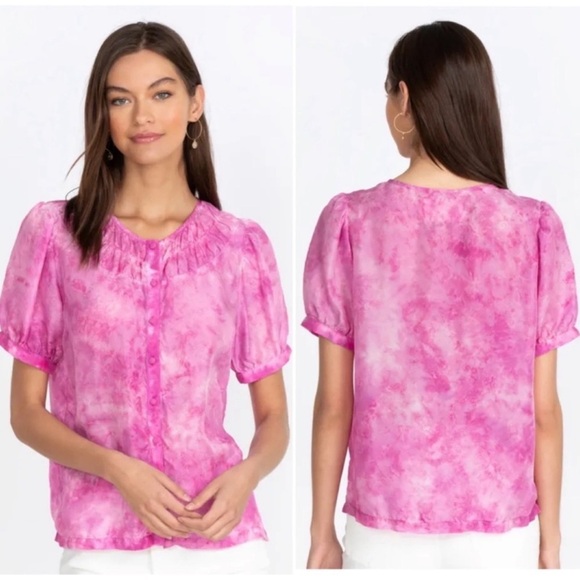 Johnny Was Pink Smocked Short Sleeve Blouse Size M/L - Picture 1 of 4